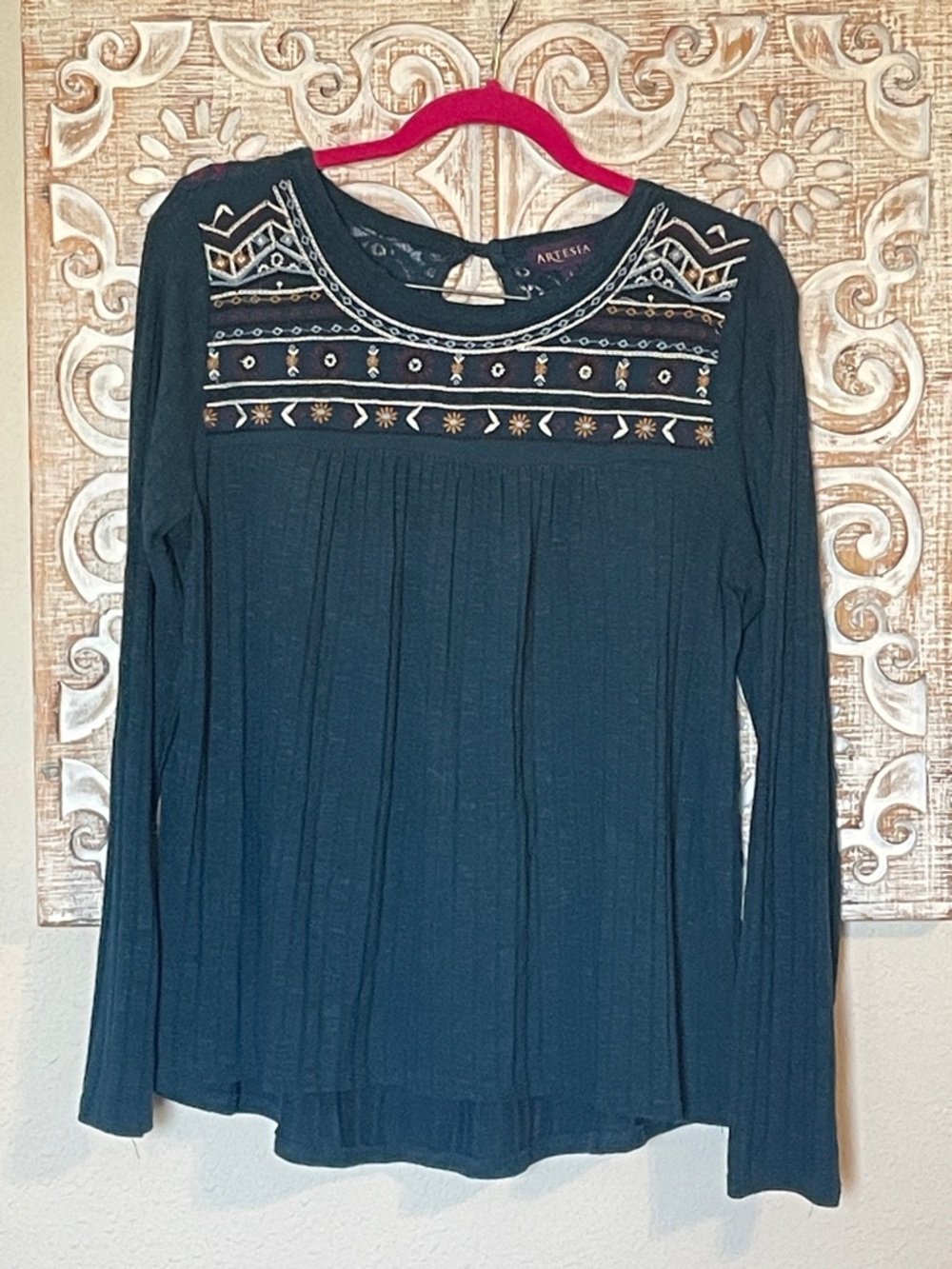 Teal Long-Sleeve Embroidered Yoke Tee